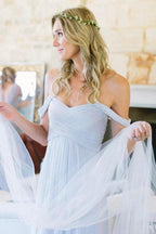 A-Line Off-the-Shoulder Floor-Length Light Blue Chiffon Bridesmaid Dress BD065