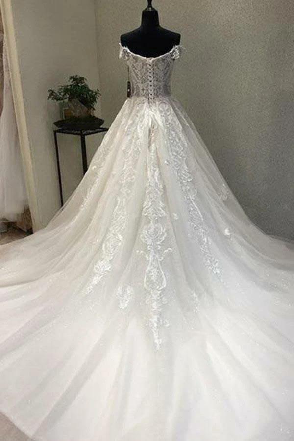 A-Line Off-the-Shoulder Short Sleeves Wedding Dress with Appliques WD226
