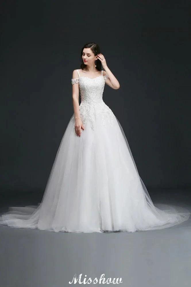 A-line Off-the-Shoulder Tulle Elegant Wedding Dresses with Appliques