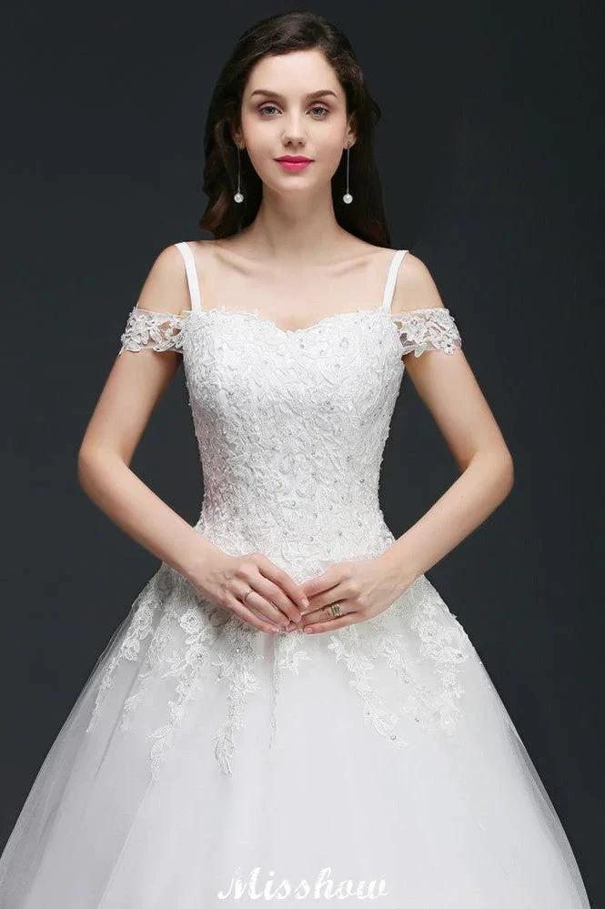 A-line Off-the-Shoulder Tulle Elegant Wedding Dresses with Appliques