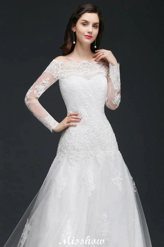 A-line Off-The-Shoulder Tulle Glamorous Wedding Dresses with Lace