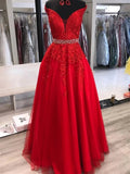 A-line Off the Shoulder Tulle Lace Long Prom Dresses with Belt Red Formal Evening Gowns