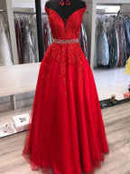 A-line Off the Shoulder Tulle Lace Long Prom Dresses with Belt Red Formal Evening Gowns