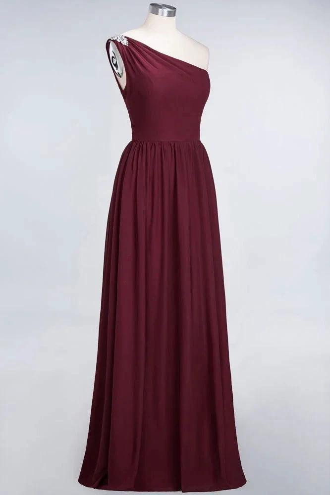 A-Line One-Shoulder Beadings Sleeveless Ruffles Bridesmaid Dress Floor Length Maid of Honor Dress
