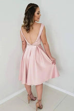 A-Line Pink Satin Backless Short Prom Dress Homecoming Dress PD311