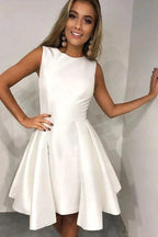 A-Line Round Neck Pleated White Satin Homecoming Party Dress PD1998