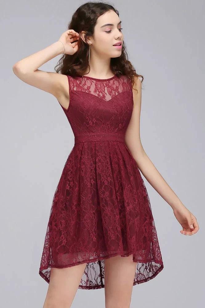 A-Line Round Neck Short Lace Burgundy Homecoming Dresses