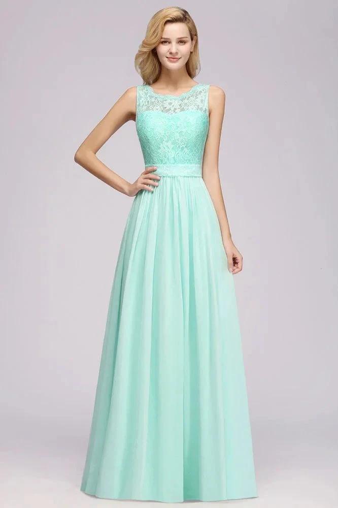 A-Line Ruffles Bridesmaid Dress Lace Scalloped Sleeveless Floor-Length Wedding Party Dress