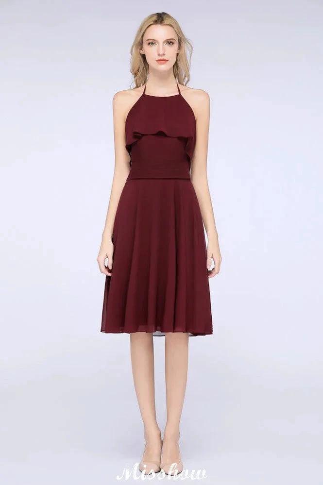 A-Line Ruffles Chiffon Halter Knee-Length Party Dress Simple Bridesmaid Dress