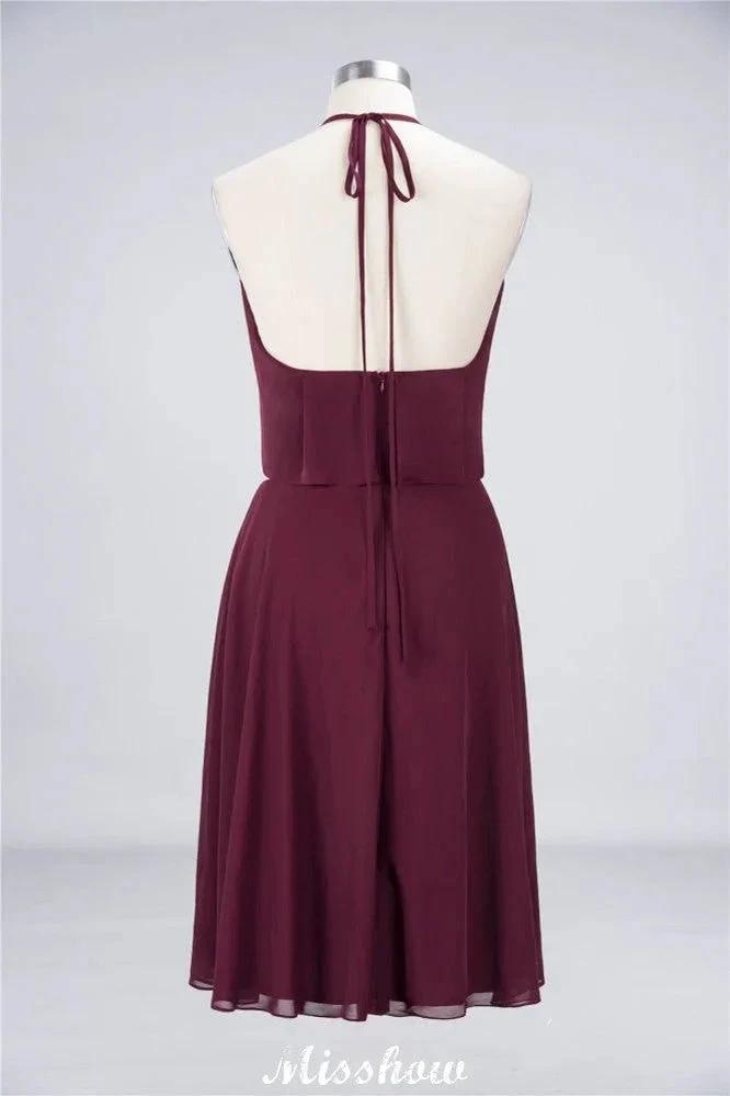 A-Line Ruffles Chiffon Halter Knee-Length Party Dress Simple Bridesmaid Dress