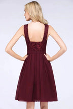 A-Line Ruffles Chiffon Lace V-Neck Evening Party Dress Sleeveless Knee-Length Homecoming Dress