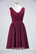 A-Line Ruffles Chiffon Lace V-Neck Evening Party Dress Sleeveless Knee-Length Homecoming Dress