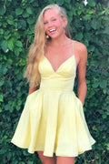 A-line Satin Fit and Flare Yellow Homecoming Dress with Pockets PD333