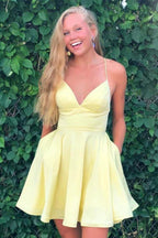 A-line Satin Fit and Flare Yellow Homecoming Dress with Pockets PD333