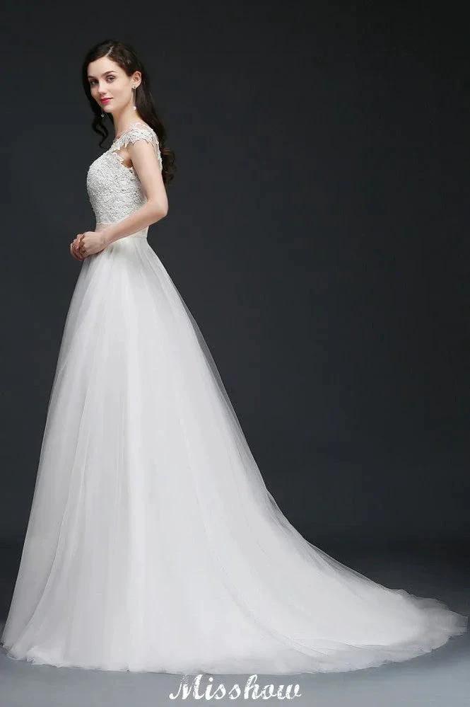 A-line Scoop Court Train Tulle Glamorous Wedding Dresses with Sash