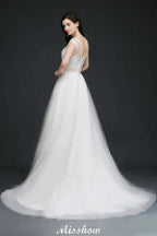 A-line Scoop Court Train Tulle Glamorous Wedding Dresses with Sash