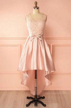 A-Line Scoop High Low Pink Satin Homecoming Dress With Appliques PD120