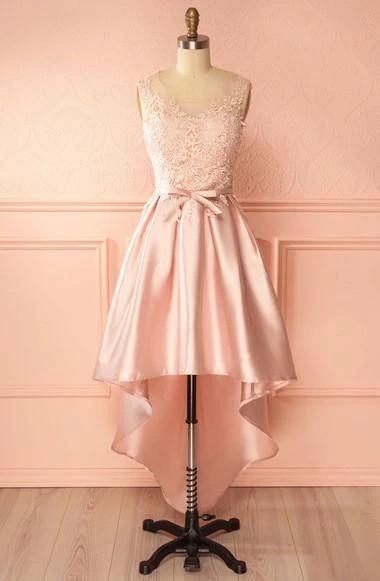 A-Line Scoop High Low Pink Satin Homecoming Dress With Appliques PD120