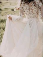 A-line Scoop Lace Wedding Dress Long Sleeve Rustic Wedding Dresses WD521