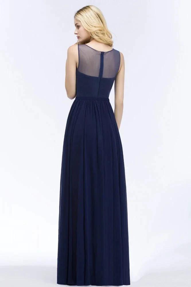 A-line Scoop Neck Bridesmaid Dress Chiffon Appliques Floor-Length Evening Maxi Gown Sleeveless