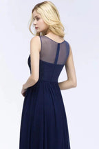 A-line Scoop Neck Bridesmaid Dress Chiffon Appliques Floor-Length Evening Maxi Gown Sleeveless