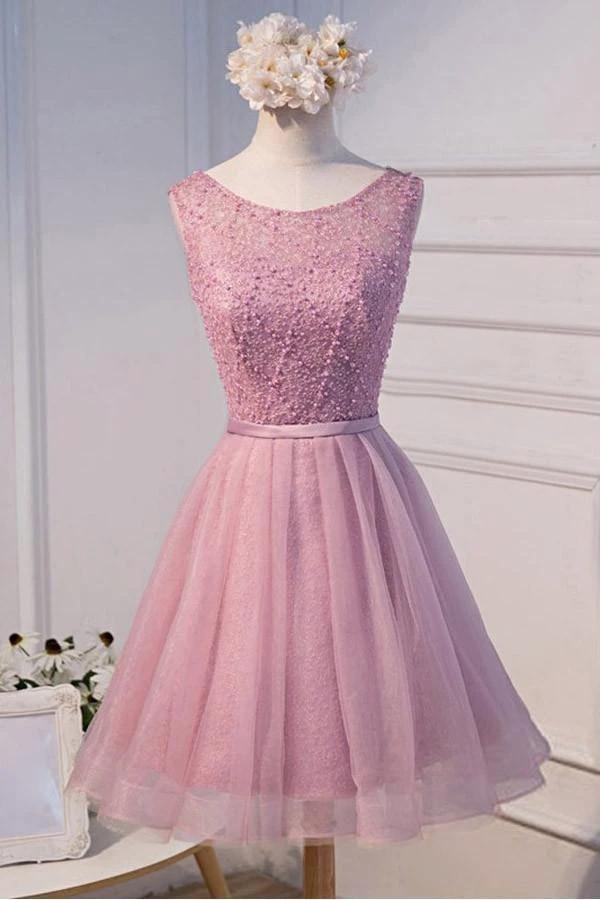 A-line Scoop Neck Short Tulle Homecoming Dress With Beading PG135