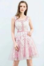 A-line Short Crew Sleeveless Lace Appliques Tulle Prom Dresses