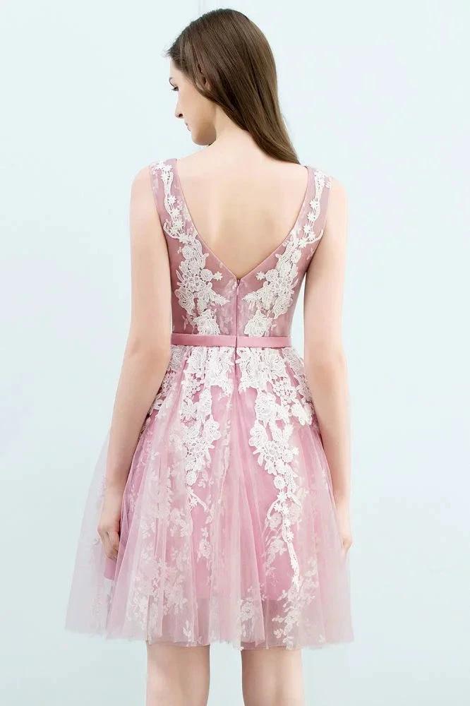 A-line Short Crew Sleeveless Lace Appliques Tulle Prom Dresses
