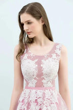 A-line Short Crew Sleeveless Lace Appliques Tulle Prom Dresses