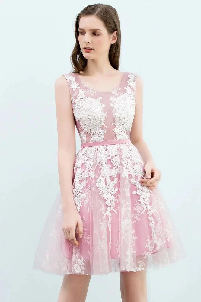 A-line Short Crew Sleeveless Lace Appliques Tulle Prom Dresses
