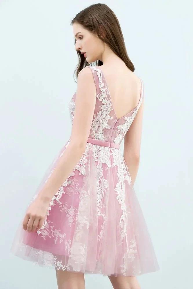 A-line Short Crew Sleeveless Lace Appliques Tulle Prom Dresses