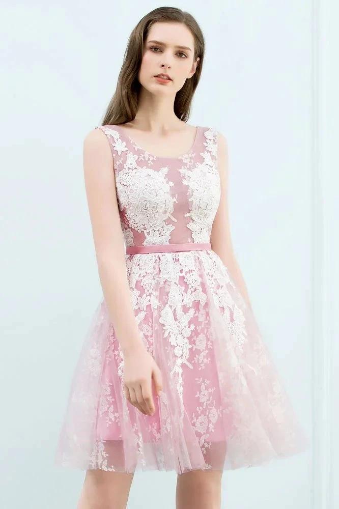 A-line Short Crew Sleeveless Lace Appliques Tulle Prom Dresses