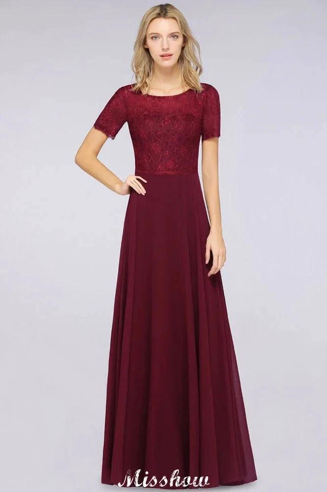 A-Line Short-Sleeves Floor-Length Bridesmaid Dress Chiffon Lace Round-Neck Evening Dress