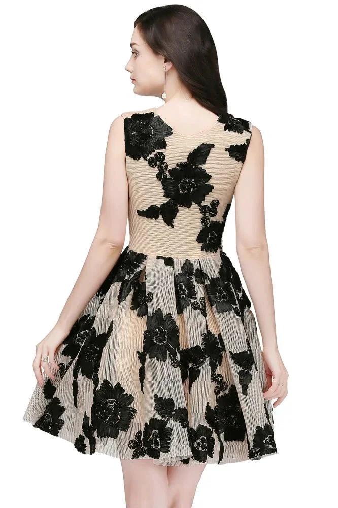 A-line Short Tulle Nude Chic Homecoming Dresses with Flowers