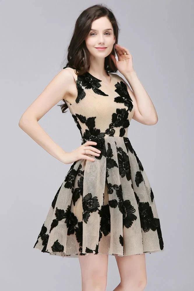 A-line Short Tulle Nude Chic Homecoming Dresses with Flowers