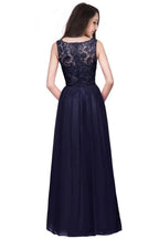 A-line Sleeveless Crew Floor-length Lace Top Chiffon Prom Dresses