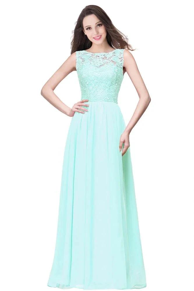 A-line Sleeveless Crew Floor-length Lace Top Chiffon Prom Dresses