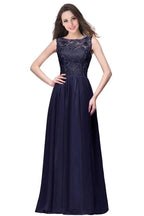 A-line Sleeveless Crew Floor-length Lace Top Chiffon Prom Dresses