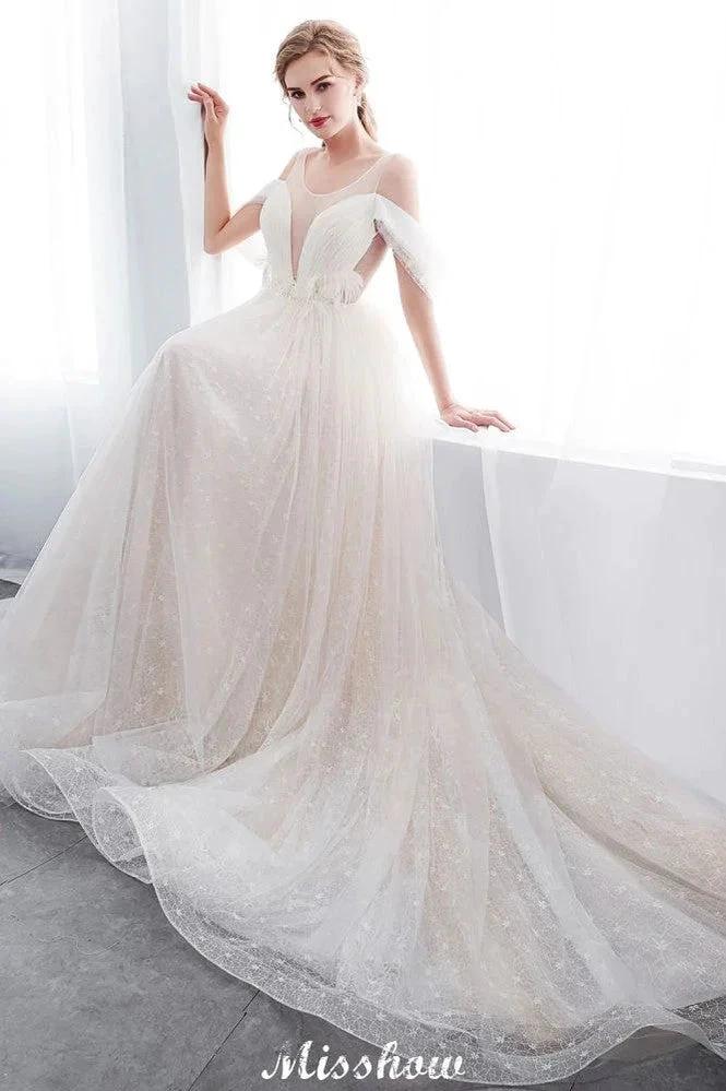 A-line Sleeveless Floor Length Lace Ivory Wedding Dress