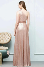 A-line Sleeveless Floor Length One-shoulder Sequins Prom Dresses
