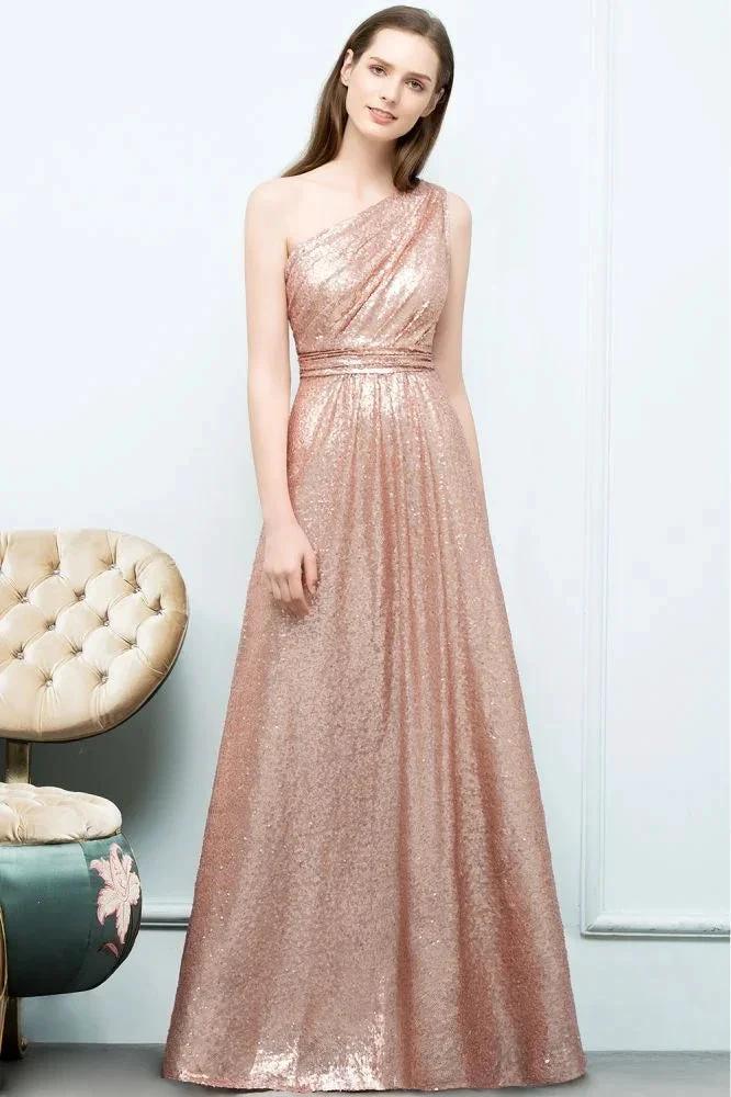 A-line Sleeveless Floor Length One-shoulder Sequins Prom Dresses