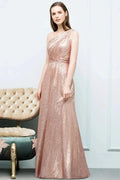 A-line Sleeveless Floor Length One-shoulder Sequins Prom Dresses