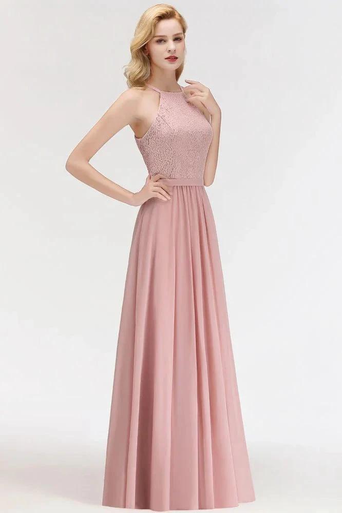 A-line Sleeveless Halter Long Lace Chiffon Bridesmaid Dress