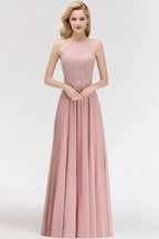 A-line Sleeveless Halter Long Lace Chiffon Bridesmaid Dress