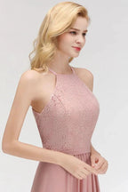 A-line Sleeveless Halter Long Lace Chiffon Bridesmaid Dress