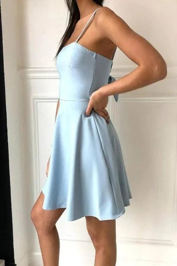 A-Line Spaghetti Straps Above-Knee Light Blue Satin Homecoming Dress PD390