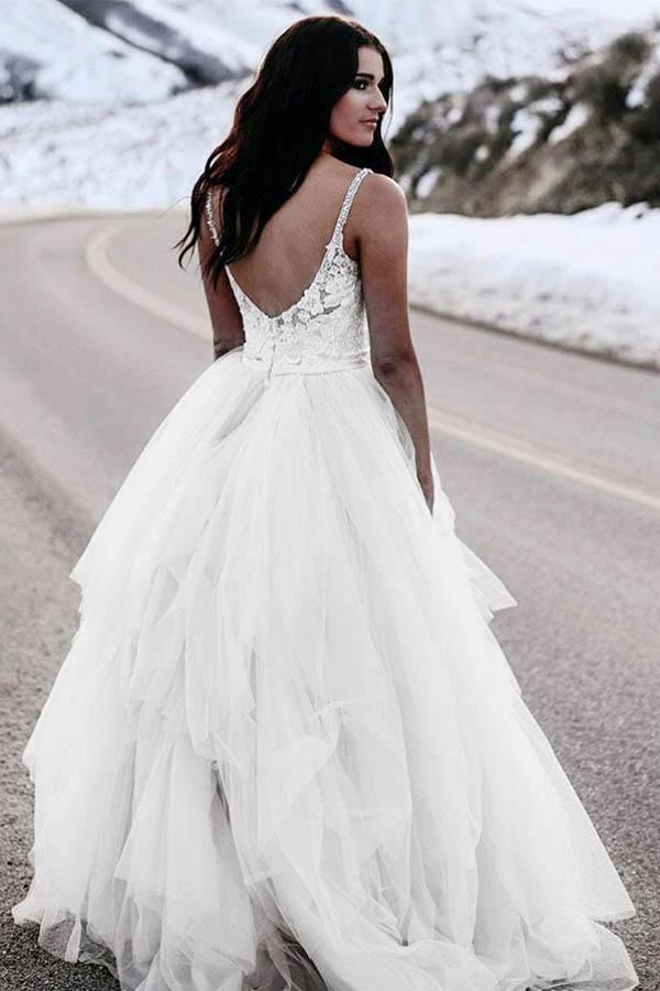 A-Line Spaghetti Straps Asymetrical Wedding Dress with Lace  WD236