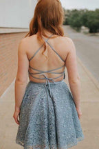 A-Line Spaghetti Straps Backless Above-Knee Blue Lace Homecoming Dress  PD273
