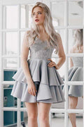 A-Line Spaghetti Straps Grey Satin Homecoming Dress with Appliques  PD027