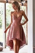 A-Line Spaghetti Straps High Low Blush Lace Homecoming Dress  PD002
